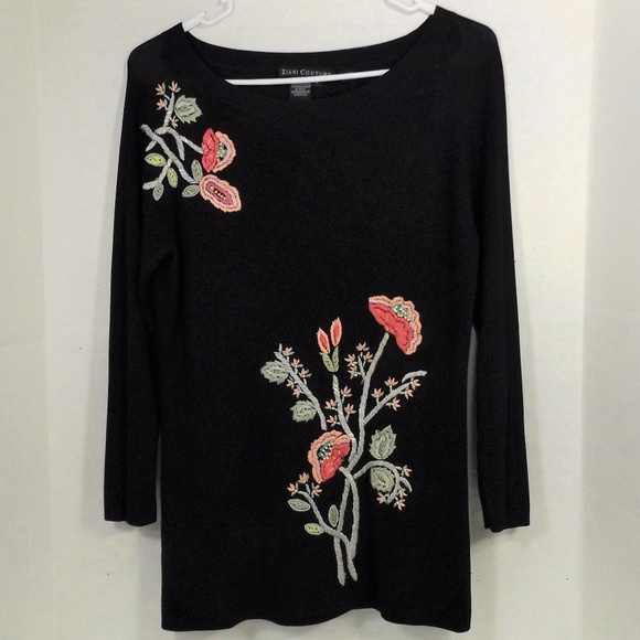 Ziani Couture Rayon/Nylon Top W Flora Embroidery L - Picture 2 of 7